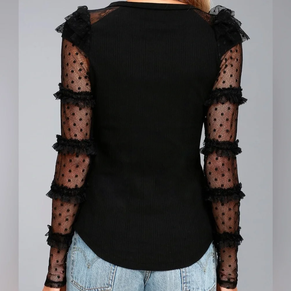Free People Kiss Kiss Ribbed Long Sleeve Lace Tiered